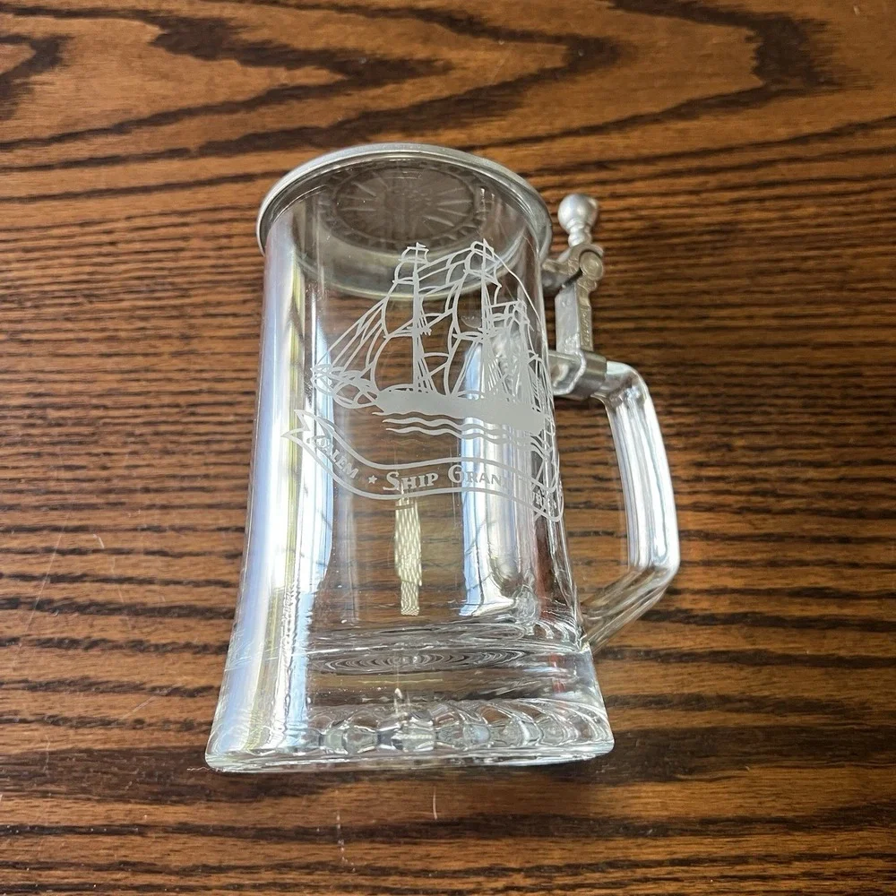 Vintage Old Spice Etched Salem Ship Glass‎ Beer Stein Metal Lidded Bar Mug 1866